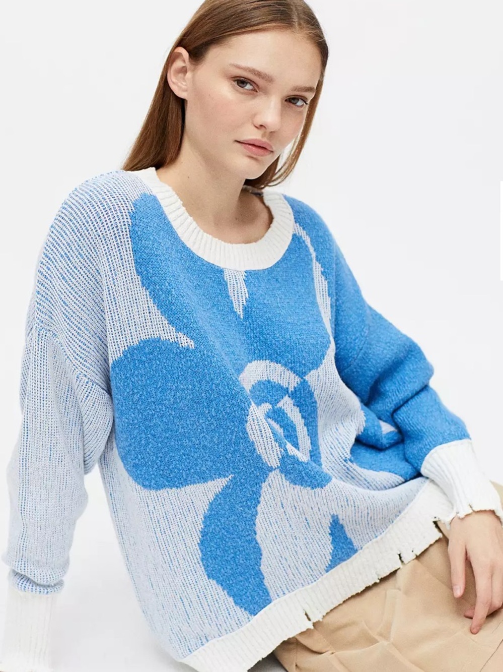 UO Esme Jacquard Floral Distressed Pullover Sweater